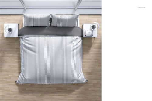 Top view of a bedroom bedding mockup set with striped white and gray duvet, pillows, and wooden floor.