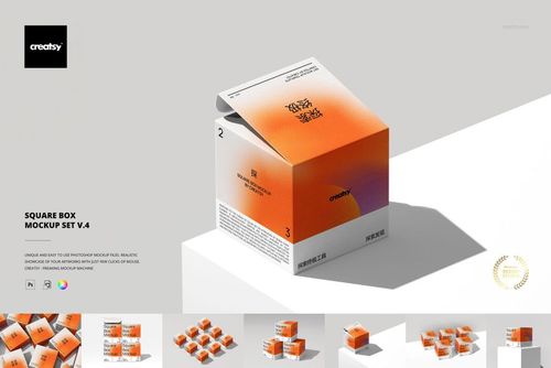 Square box packaging mockup with an orange gradient design, shown in a front and top angled perspective on a light background.