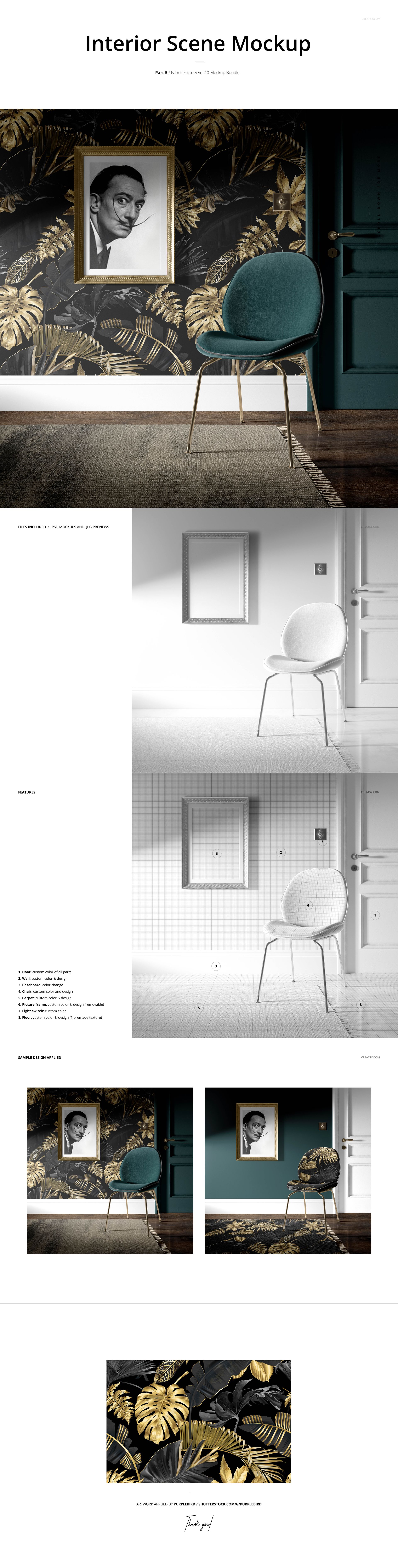 Interior scene mockup featuring a modern chair, framed artwork, and dark wallpaper with gold leaf pattern, front view.