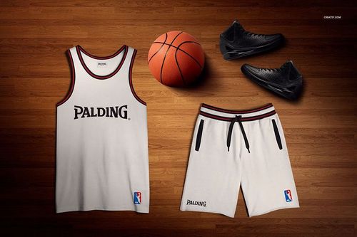 Basketball training uniform mockup set displayed on a wooden floor, featuring a white tank top, shorts, black shoes, and an orange basketball.