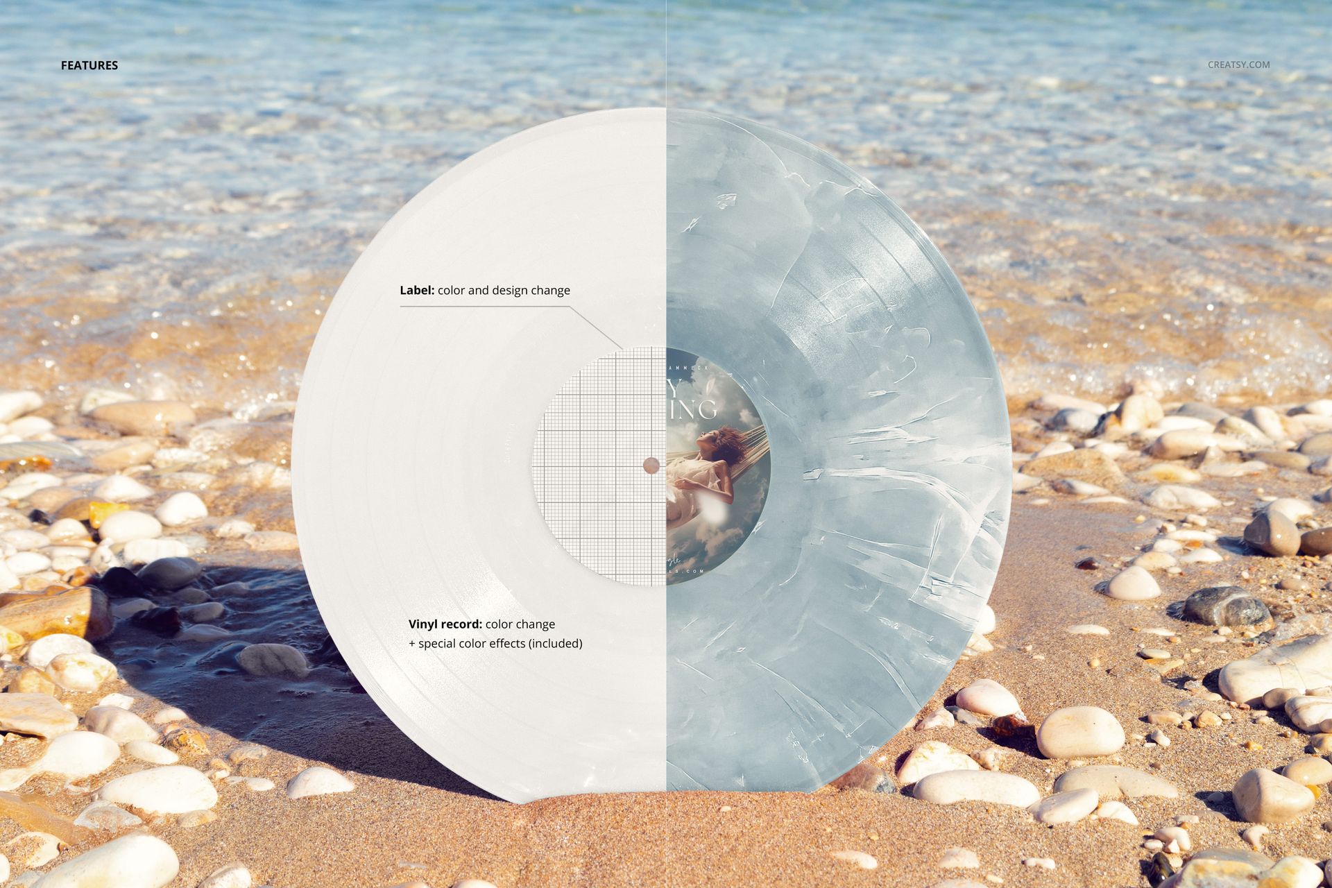 Colored vinyl record mockup displayed on a sandy beach with Adriatic Sea waves in the background, front view.
