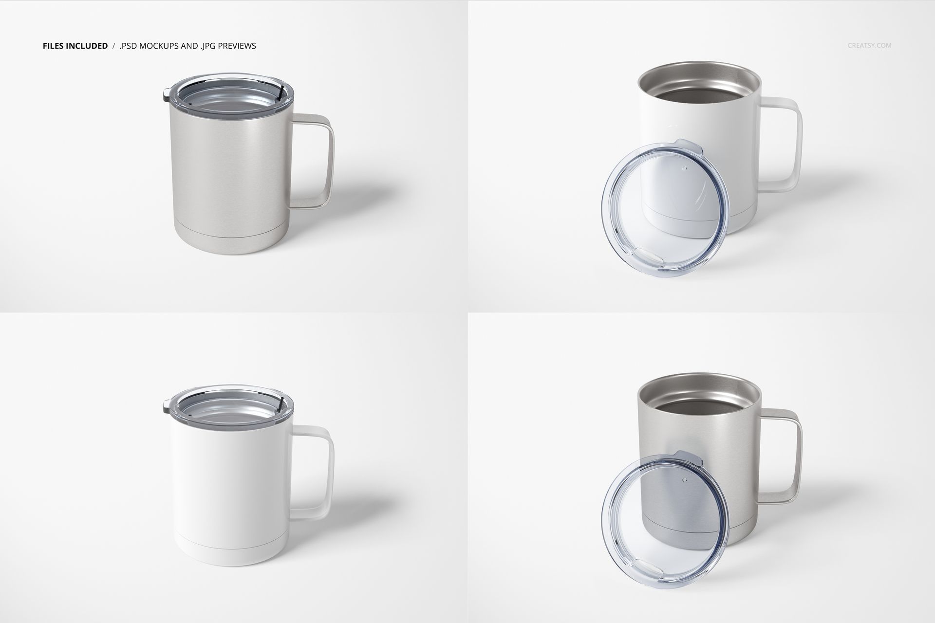 Four views of a 10oz white stainless steel coffee cup with silver interior, clear lid, and handle on white background.