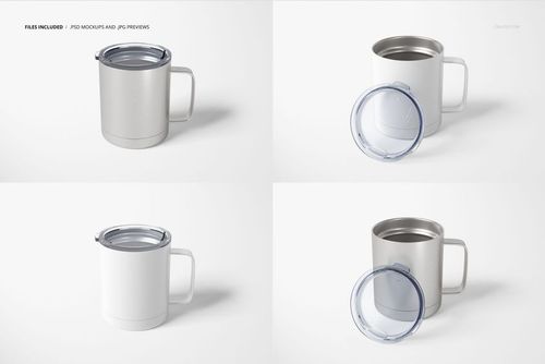 Four views of a 10oz white stainless steel coffee cup with silver interior, clear lid, and handle on white background.