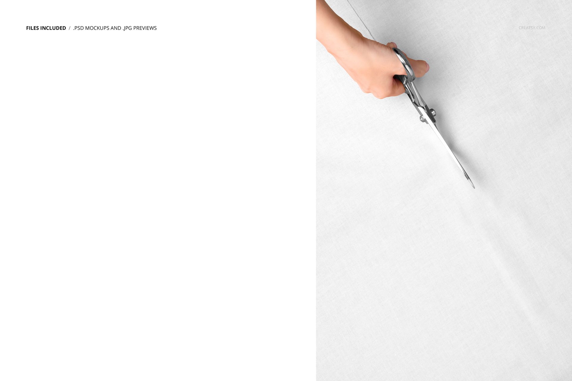 Hand holding scissors while slicing through smooth white fabric, featured in a fabric PSD mockup scene.