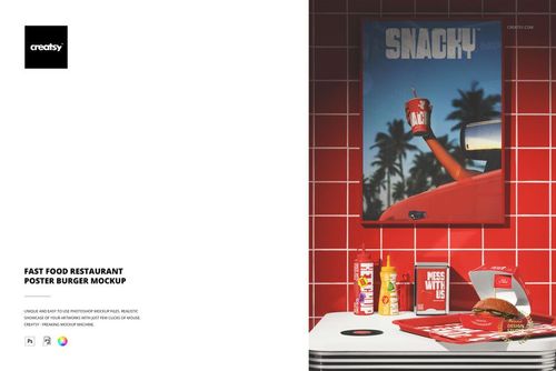Front view of a fast food restaurant poster mockup featuring a burger meal, fries, and drink on a red table with palm trees in the background.