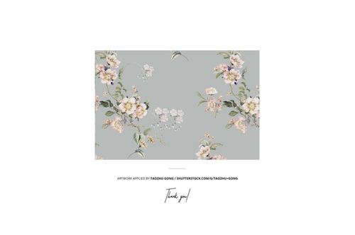 Front view of a cafe curtains and valance mockup featuring a soft gray background with delicate floral patterns.