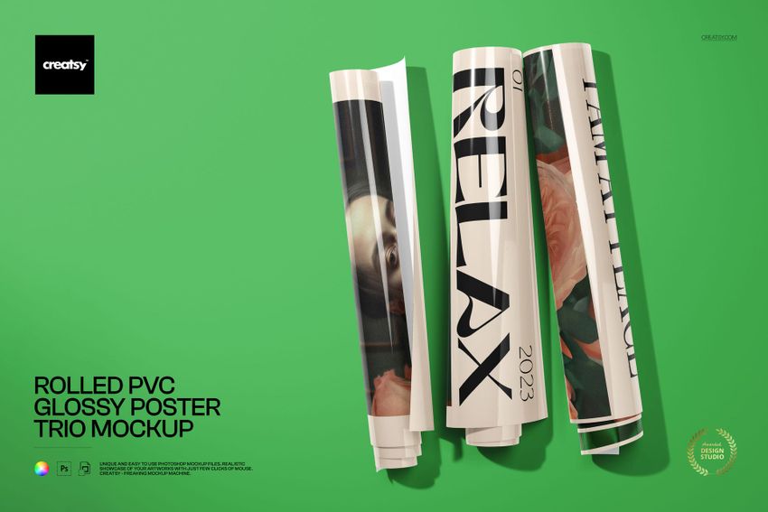 Free Rolled Glossy PVC Poster Trio Advertising PSD Mockup - mockup screenshot 1