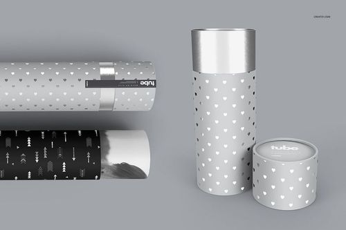 Paper tube packaging mockup featuring cylindrical containers in gray and black with heart and arrow patterns, front and side views.