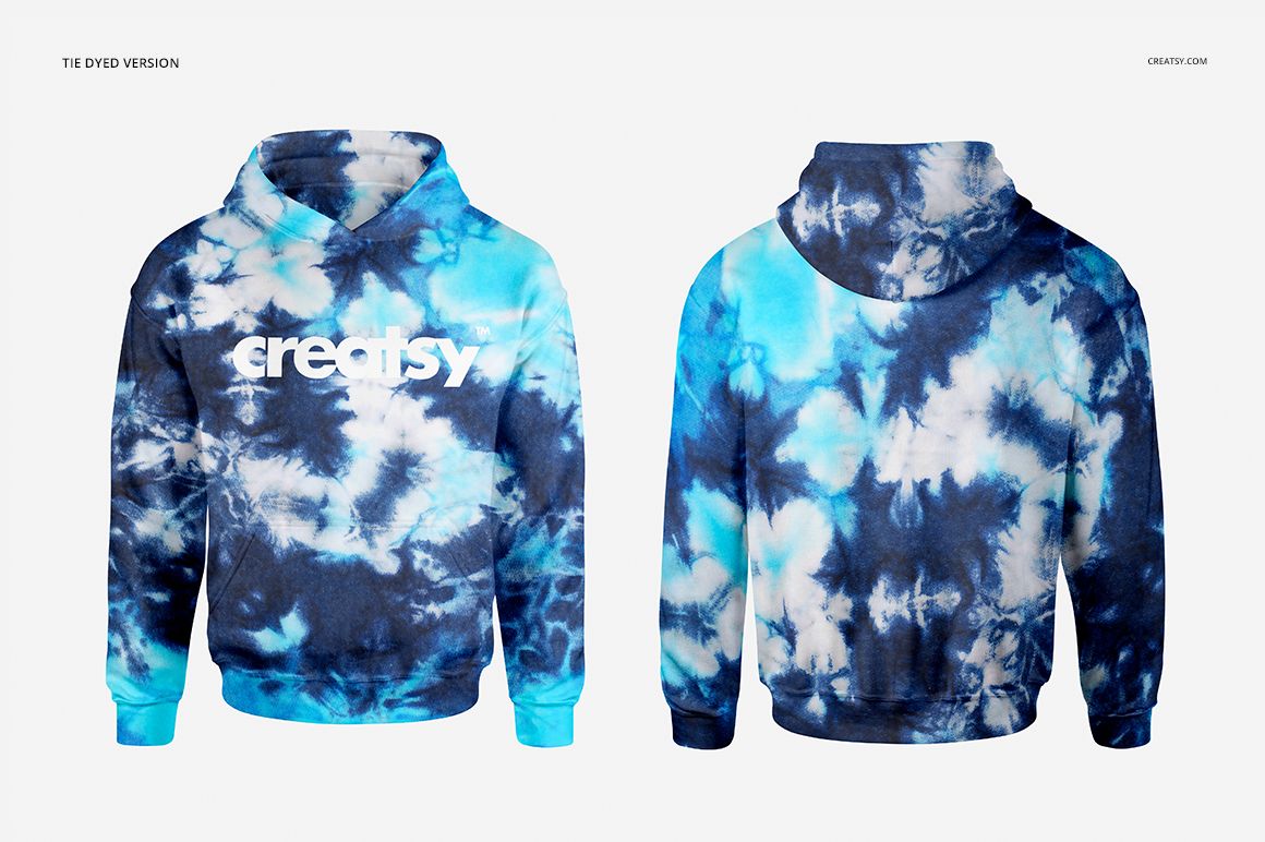 Front and back perspectives of a men's hoodie mockup with blue and white tie-dye design and no drawcords.