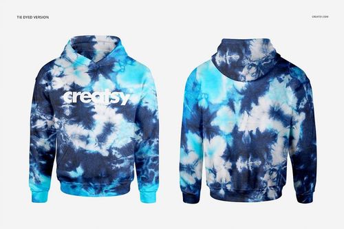 Front and back perspectives of a men's hoodie mockup with blue and white tie-dye design and no drawcords.