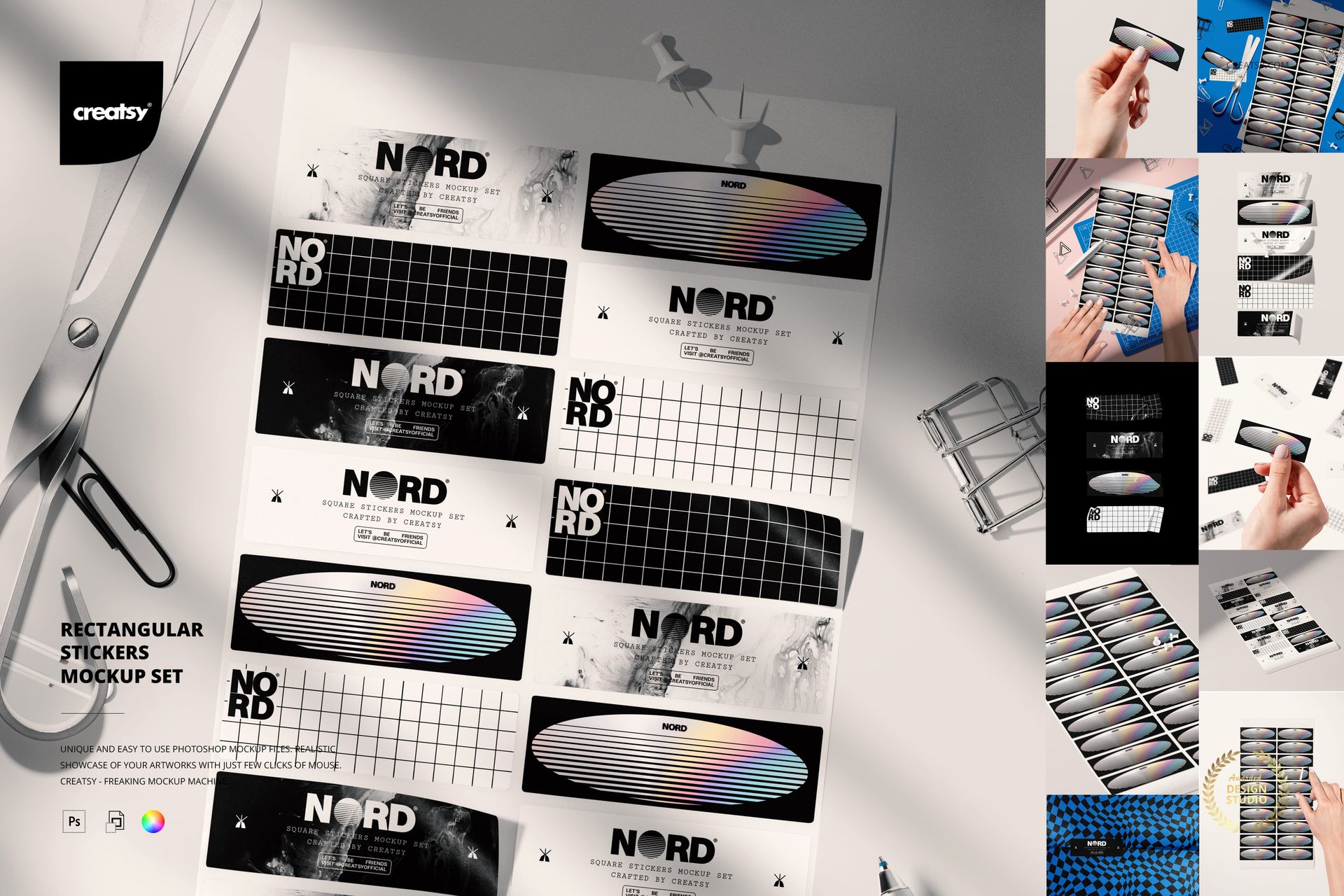 PSD mockup of rectangular stickers in monochrome and rainbow styles, arranged on a flat surface with stationery props.