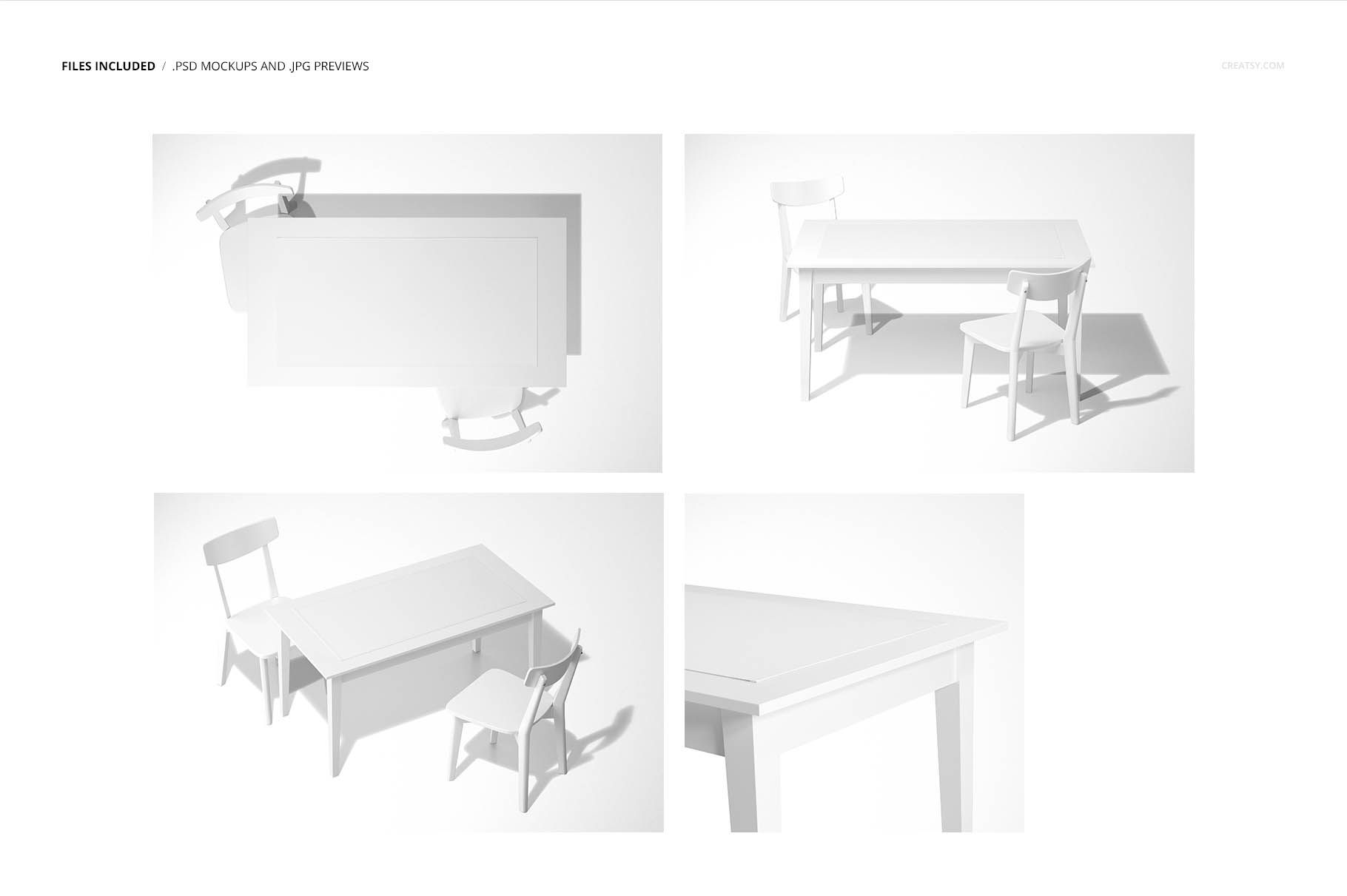 Set of four table runner mockup scenes showing a rectangular table with chairs in a bright, minimalist setting.