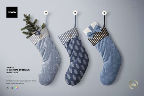 Velvet Christmas stocking PSD mockup set featuring three stockings in varying blue patterns, striped tops, and festive holiday props.