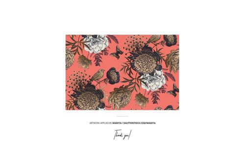 Round beach towel mockup featuring a floral pattern with large flowers and leaves on a coral background, top view.