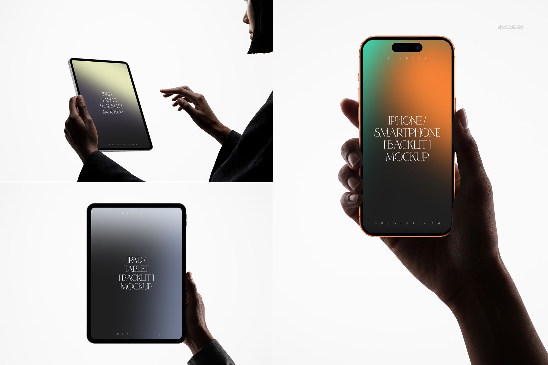 Backlit iPhone, iPad Pro, and laptop mockup set featuring hands holding devices against a white background.