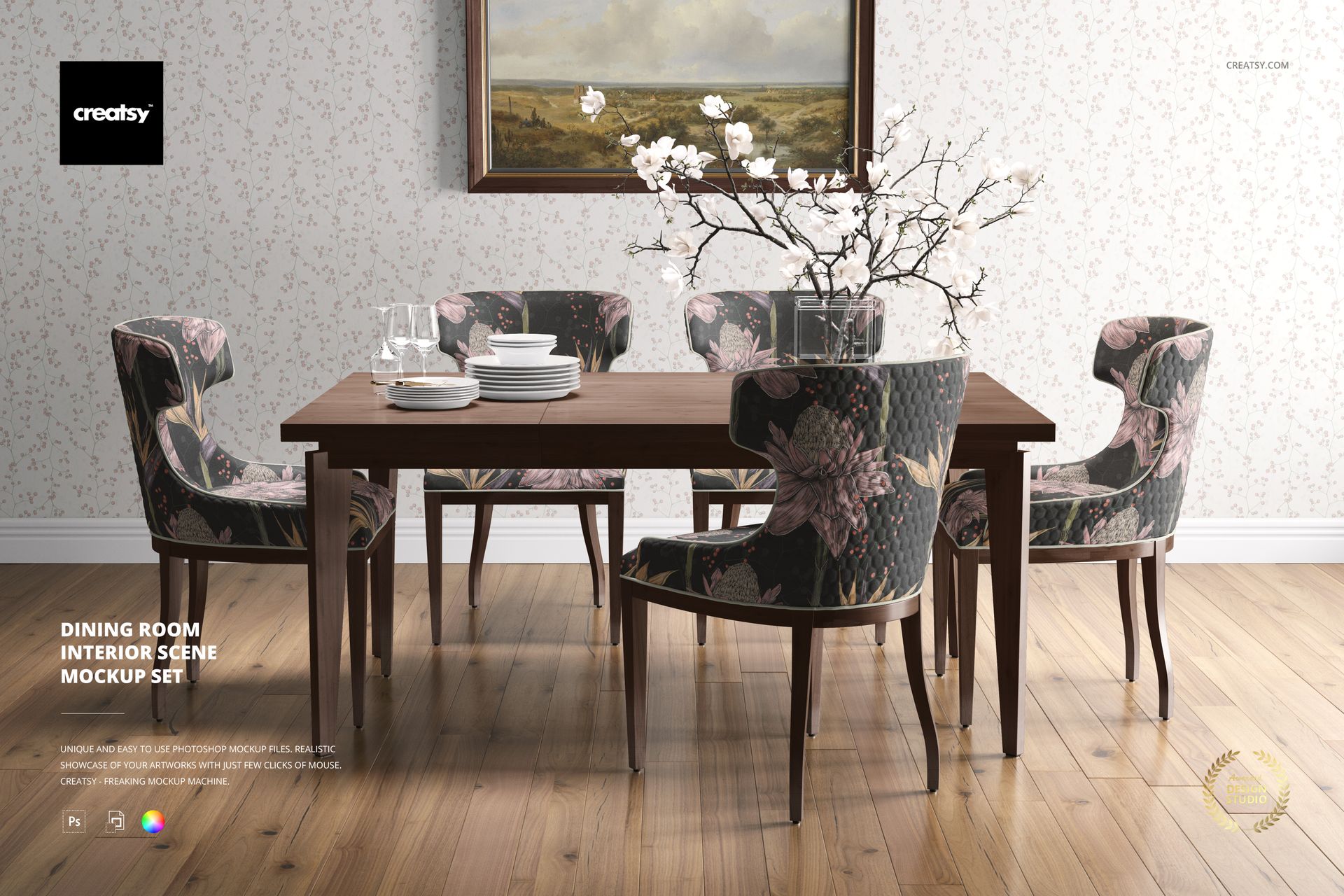 Front view of a dining room PSD mockup featuring six upholstered chairs with floral prints and a rectangular wooden table.
