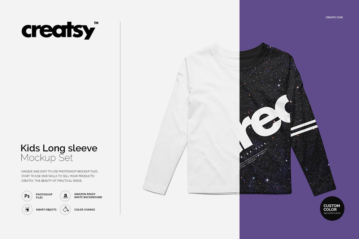 Kids long sleeve shirt mockup with split design, left side plain white and right side black with star pattern, front view.