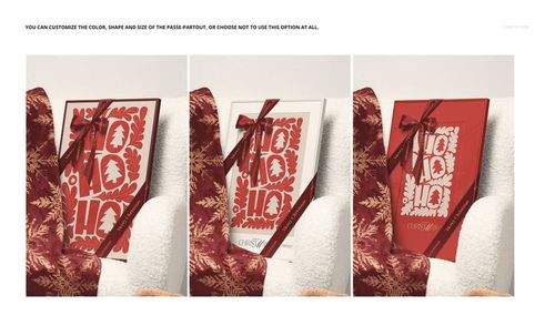 Front view of a Christmas-themed fleece blanket and picture frame mockup with festive red and white patterns and ribbon.