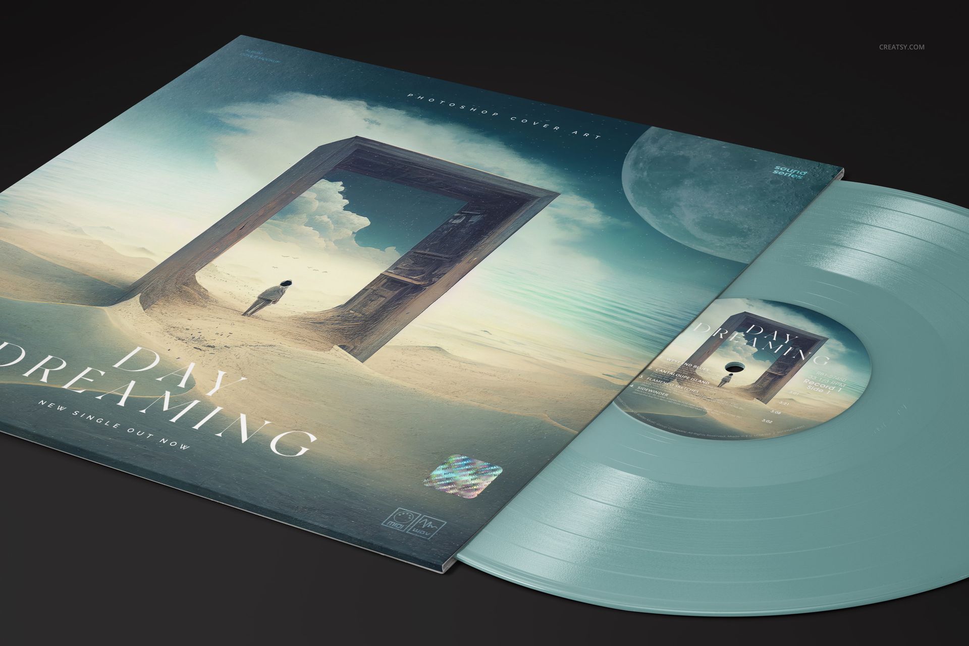 Close-up of a colored vinyl record mockup set showing a pastel blue disc and a cover with a surreal desert scene.