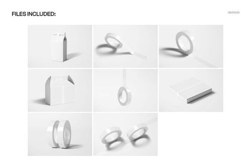 Set of narrow duct tape mockups and packaging items displayed on a white background in various angles.