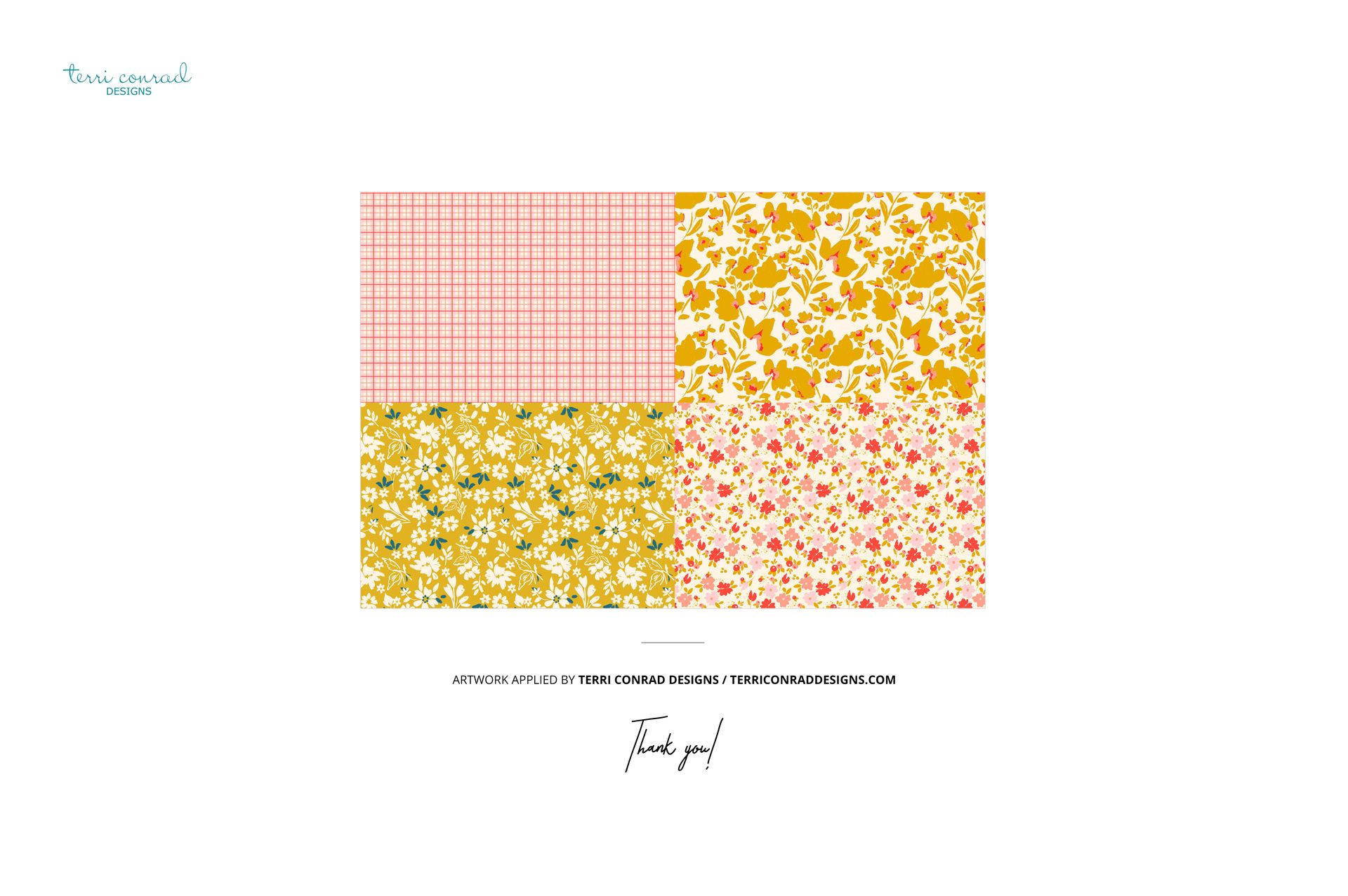 Stationery set mockup featuring four rectangular sheets with floral and grid patterns in yellow, pink, and red tones.