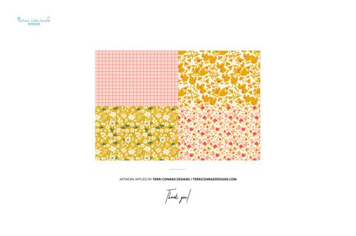 Stationery set mockup featuring four rectangular sheets with floral and grid patterns in yellow, pink, and red tones.