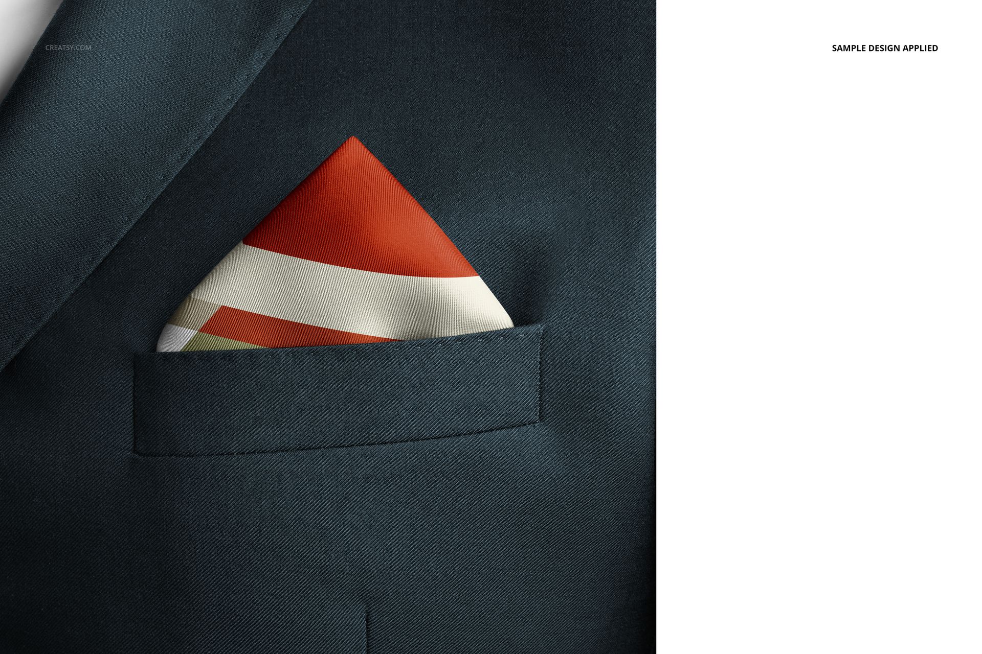 Gentleman’s pocket square mockup featuring a folded square with red and cream stripes in a navy suit pocket.