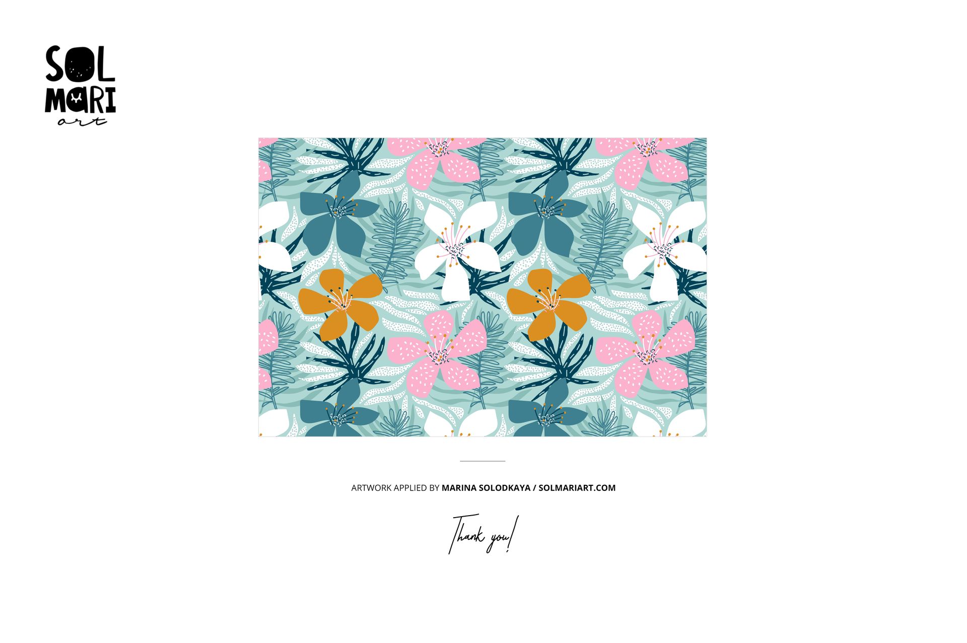 Rectangular mockup featuring a vibrant floral pattern with pink, orange, and white flowers on a light blue background.