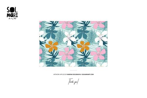 Rectangular mockup featuring a vibrant floral pattern with pink, orange, and white flowers on a light blue background.