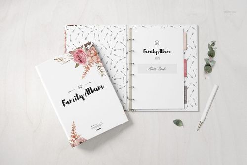 Family book mockup set featuring a closed hardcover book and an open ring-bound book with floral and geometric designs.