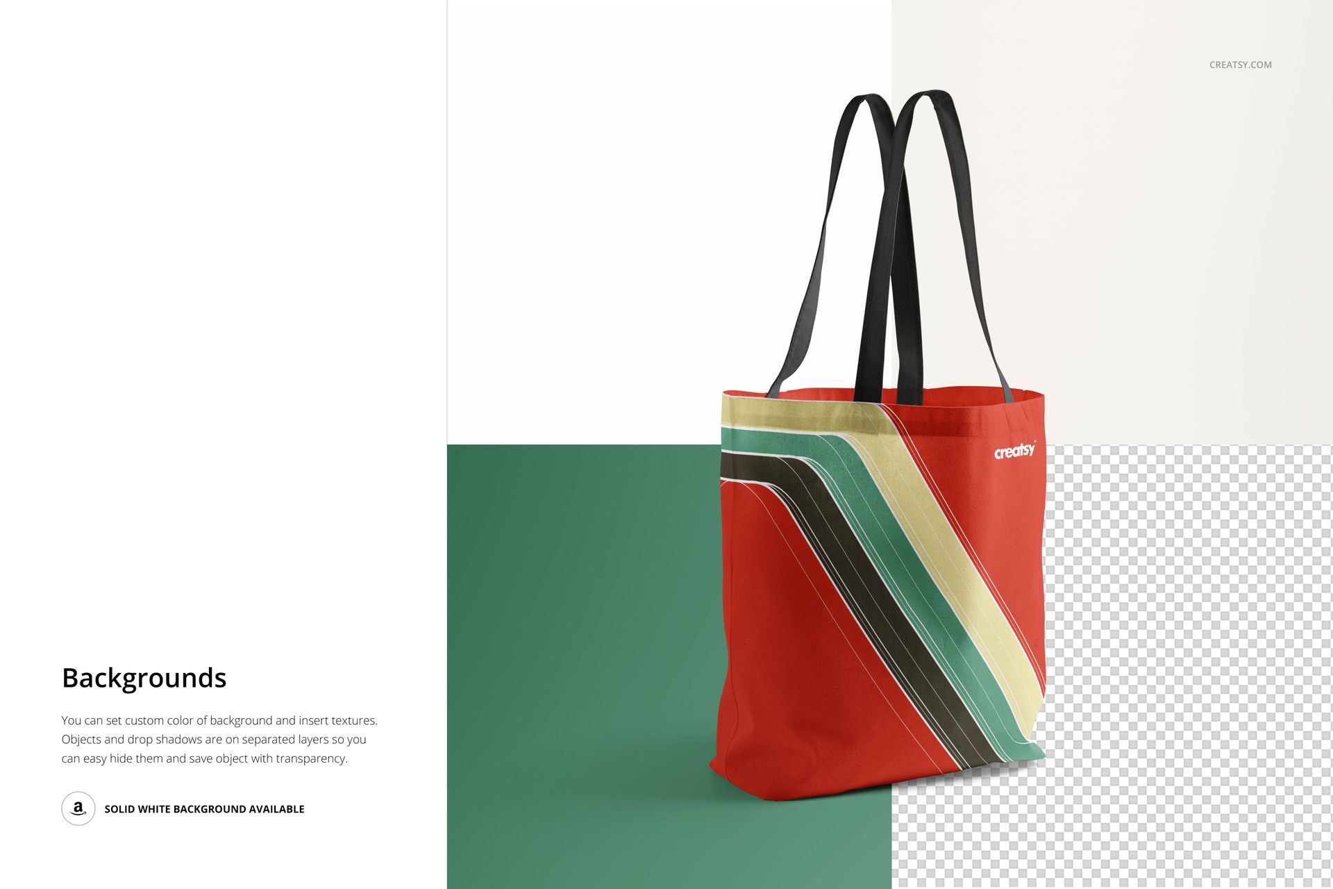 Tote bag PSD mockup displayed upright, with multicolor diagonal stripes and black straps, set against split backgrounds.
