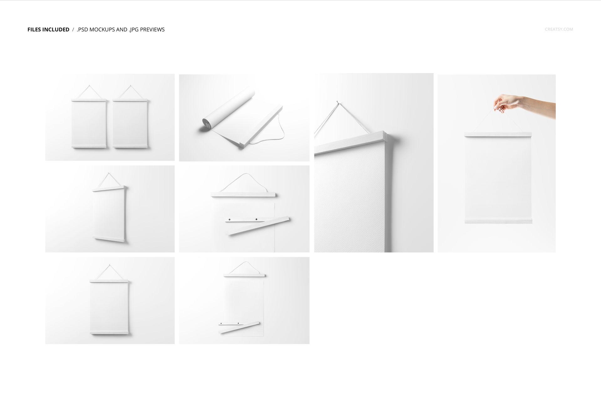 Collection of PSD mockup scenes featuring empty posters with wooden hangers, shown flat, hanging, and in assembly on a bright backdrop.