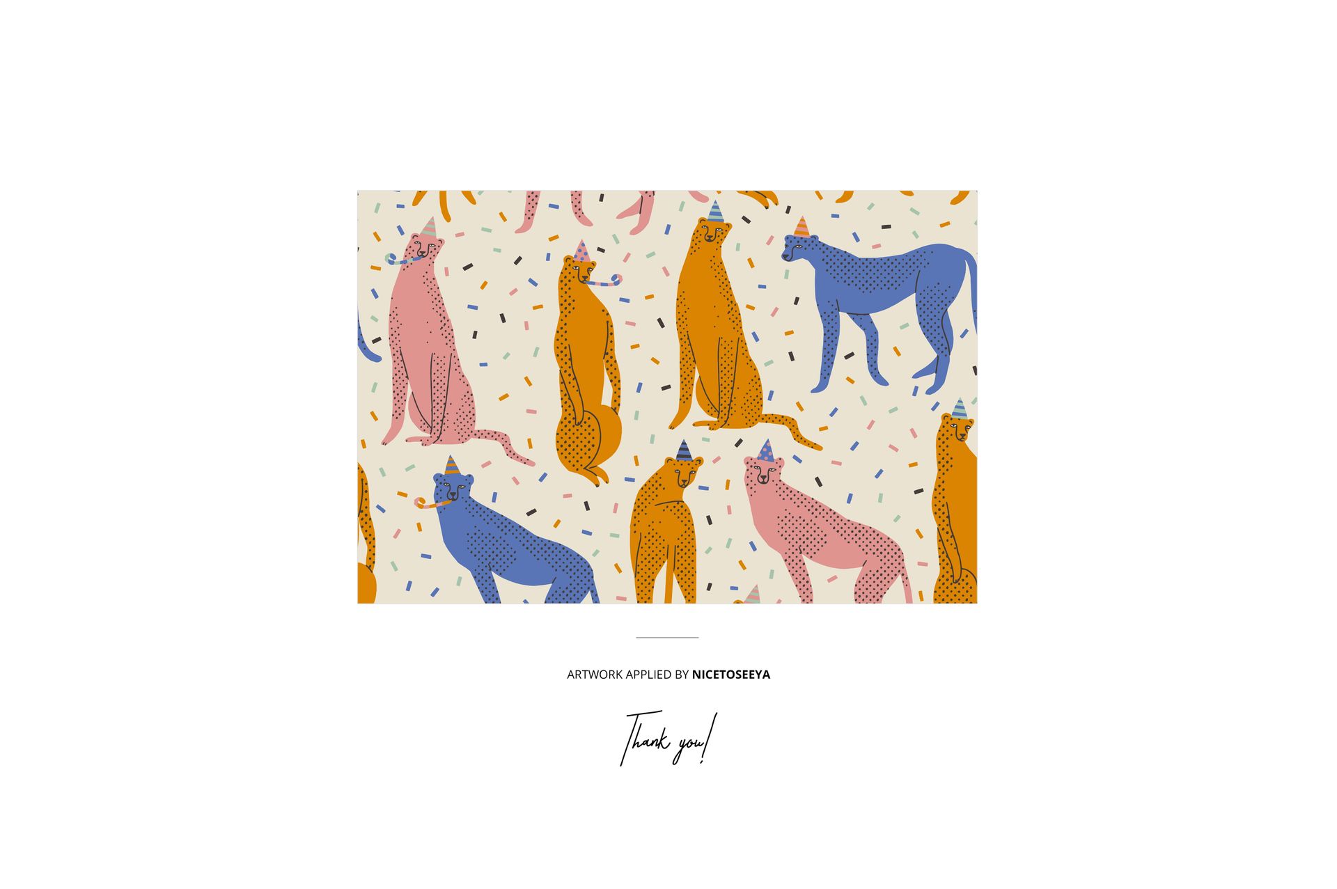 Rectangular jersey fabric mockup featuring a colorful cat pattern in pink, orange, and blue on a cream background.