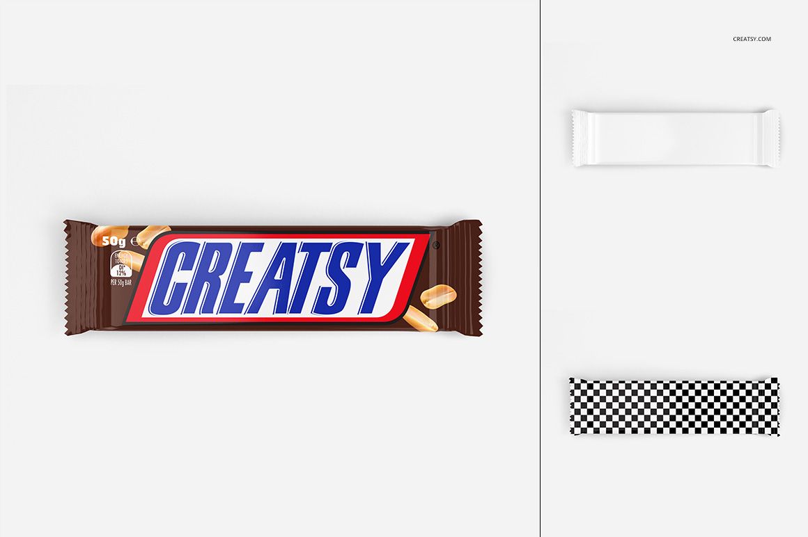Bar packaging mockup set featuring a chocolate bar with brown wrapper, peanuts, and editable design options on white background.