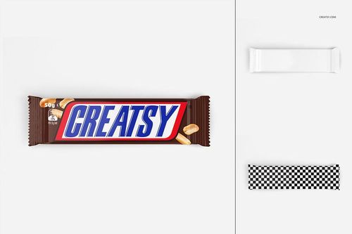 Bar packaging mockup set featuring a chocolate bar with brown wrapper, peanuts, and editable design options on white background.