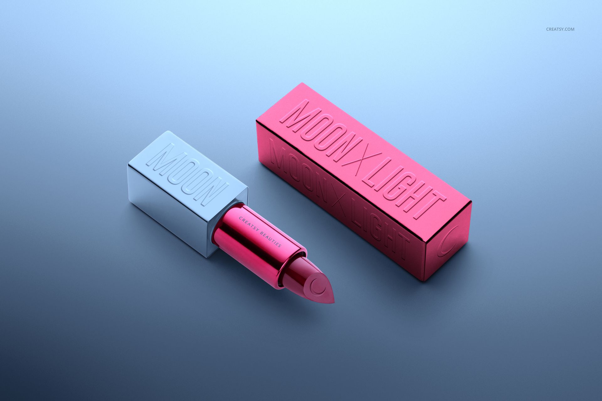 Front view of a lipstick mockup set featuring a pink lipstick and matching rectangular case on a blue gradient surface.