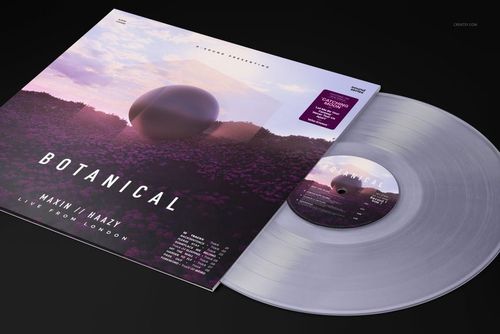 PSD mockup displaying a translucent vinyl record next to its cover, which has a surreal purple-toned landscape artwork.