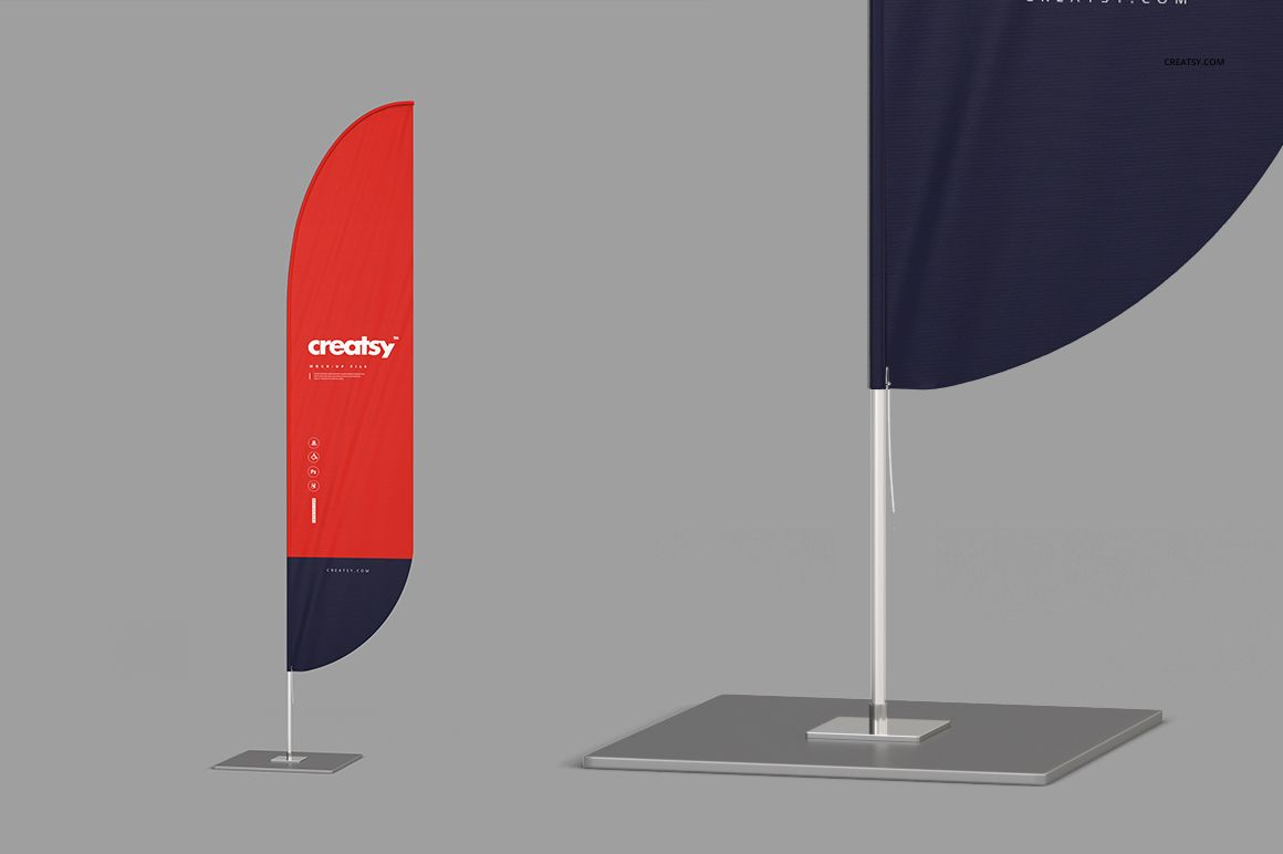 Outdoor flag mockup with a red and navy blue vertical banner on a silver metal stand, shown from a front angle on a gray background.