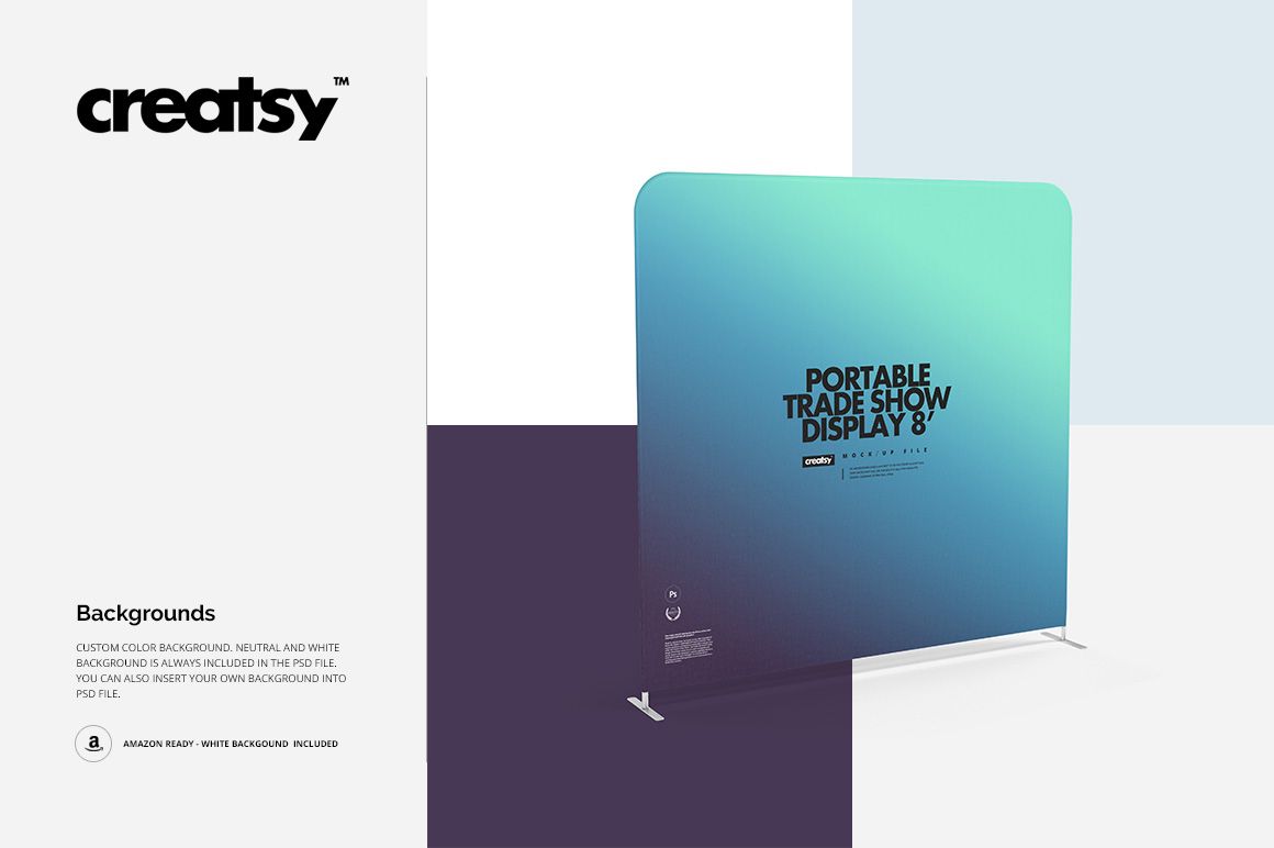 Front-facing mockup of a single-sided portable trade show display with a blue to green gradient panel and metal stand.