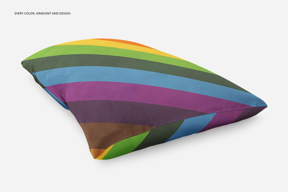 Colorful pet pillow mockup featuring vivid diagonal stripes in multiple colors, displayed on a plain white surface.