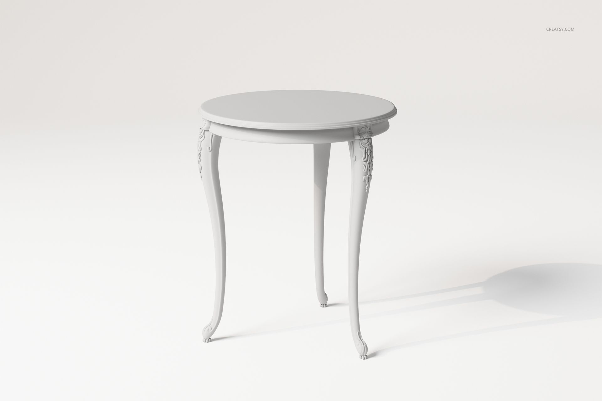 Round vintage side table with carved details, shown in a light gray color on a plain white background, front angle.