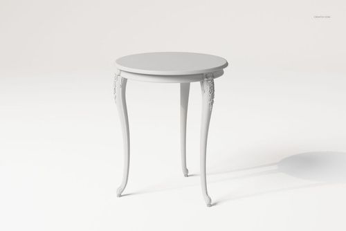 Round vintage side table with carved details, shown in a light gray color on a plain white background, front angle.