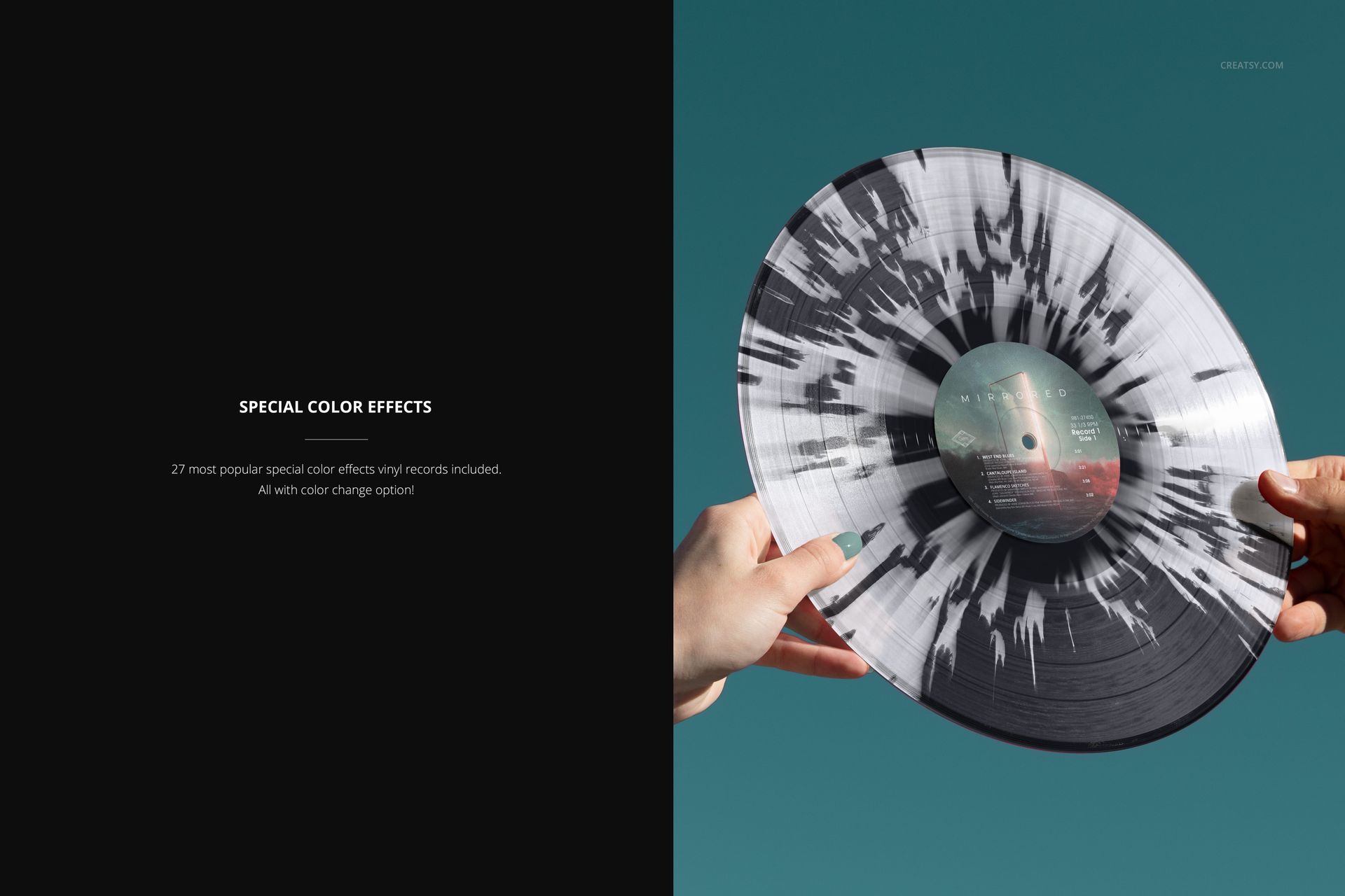 PSD mockup showing a colored vinyl record with a splatter design, held by two hands over a solid teal backdrop.