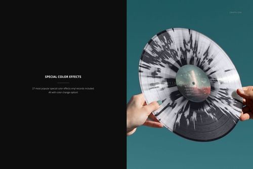 PSD mockup showing a colored vinyl record with a splatter design, held by two hands over a solid teal backdrop.