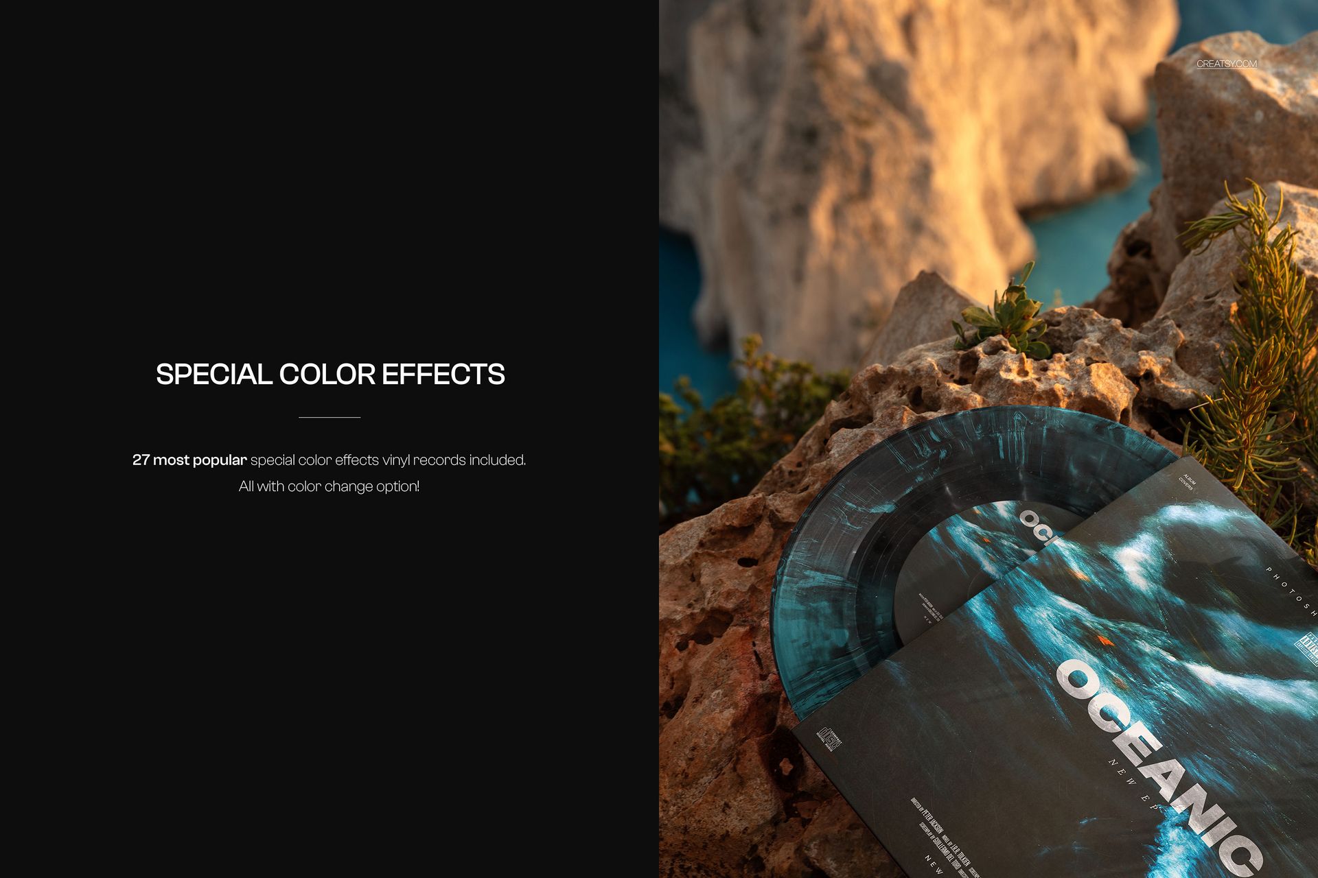 PSD mockup showing a clear vinyl record and album cover with blue patterns, photographed outside on natural stone.