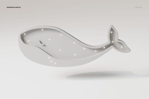 Front view of a whale-shaped wall lamp in white with multiple small lights embedded along the body and tail.