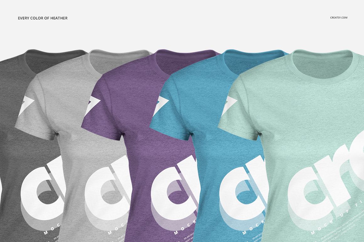 Men's and women's t-shirt mockup set showing five shirts in various heather colors, displayed in a row.
