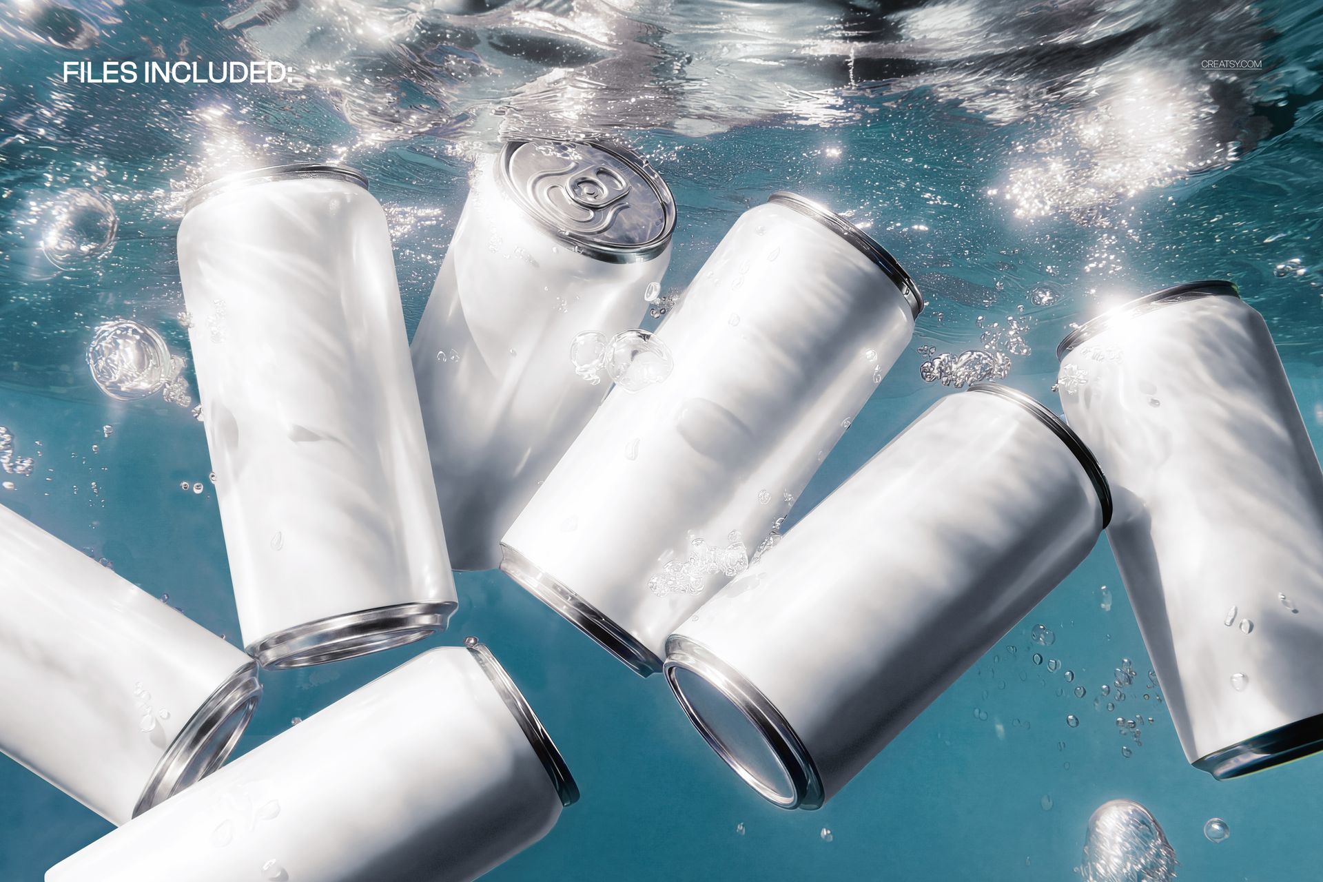 Six plain aluminum soda cans underwater with bubbles and rippled light, wide landscape perspective mockup.