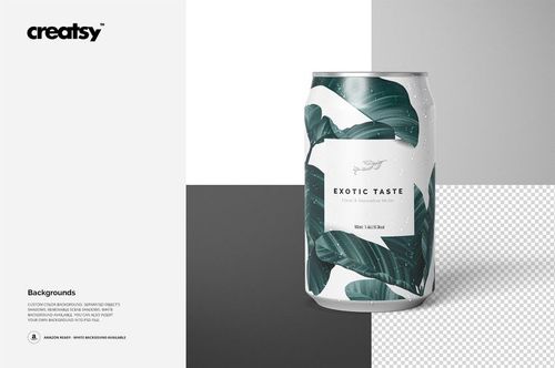 Front view of a drink can mockup with green tropical leaf design, placed against a split gray and white background.