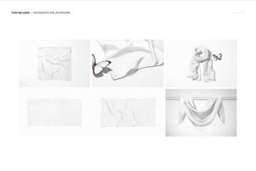 Set of six habotai silk scarf mockup scenes with white fabric displayed in various folded and draped arrangements.